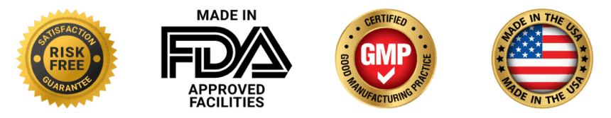 Certification badges: GMP, FDA, Non-GMO, Made in USA, Natural Ingredients
