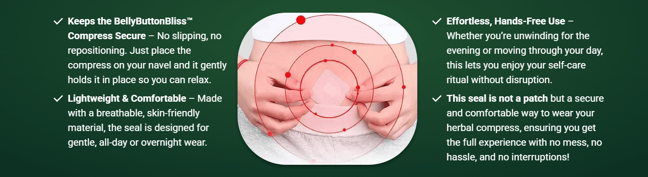 Lady applying BellyButtonBliss patch for natural balance and comfort, promoting digestive wellness and relaxation